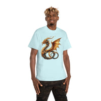 Printify eco-friendly fantasy t-shirt featuring a detailed golden dragon design on a light blue shirt