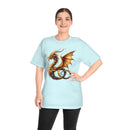 Printify eco-friendly fantasy t-shirt featuring a golden dragon design on light blue fabric