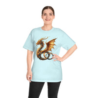 Printify eco-friendly fantasy t-shirt featuring a golden dragon design on light blue fabric