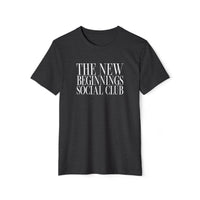 Black Printify eco-friendly fashion tee with The New Beginnings Social Club white text print