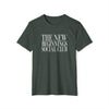 Printify eco-friendly fashion tee in dark green with The New Beginnings Social Club white text design