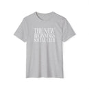 Gray Printify t-shirt with The New Beginnings Social Club text, eco-friendly fashion tee