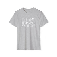 Gray Printify t-shirt with The New Beginnings Social Club text, eco-friendly fashion tee