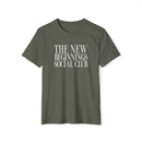 Printify olive green eco-friendly fashion tee with The New Beginnings Social Club white text