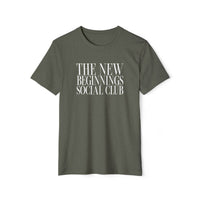 Printify olive green eco-friendly fashion tee with The New Beginnings Social Club white text