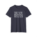 Printify black eco-friendly fashion tee with The New Beginnings Social Club white text