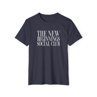 Printify black eco-friendly fashion tee with The New Beginnings Social Club white text