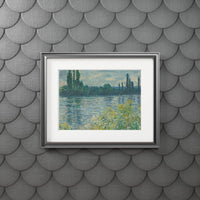 Printify framed eco-friendly fine art prints of a riverside landscape with trees and flowers