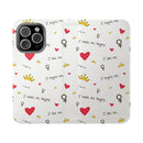 Printify eco-friendly flip phone cases with white background and red hearts motivational text and crowns