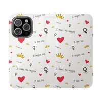 Printify eco-friendly flip phone cases with white background and red hearts motivational text and crowns
