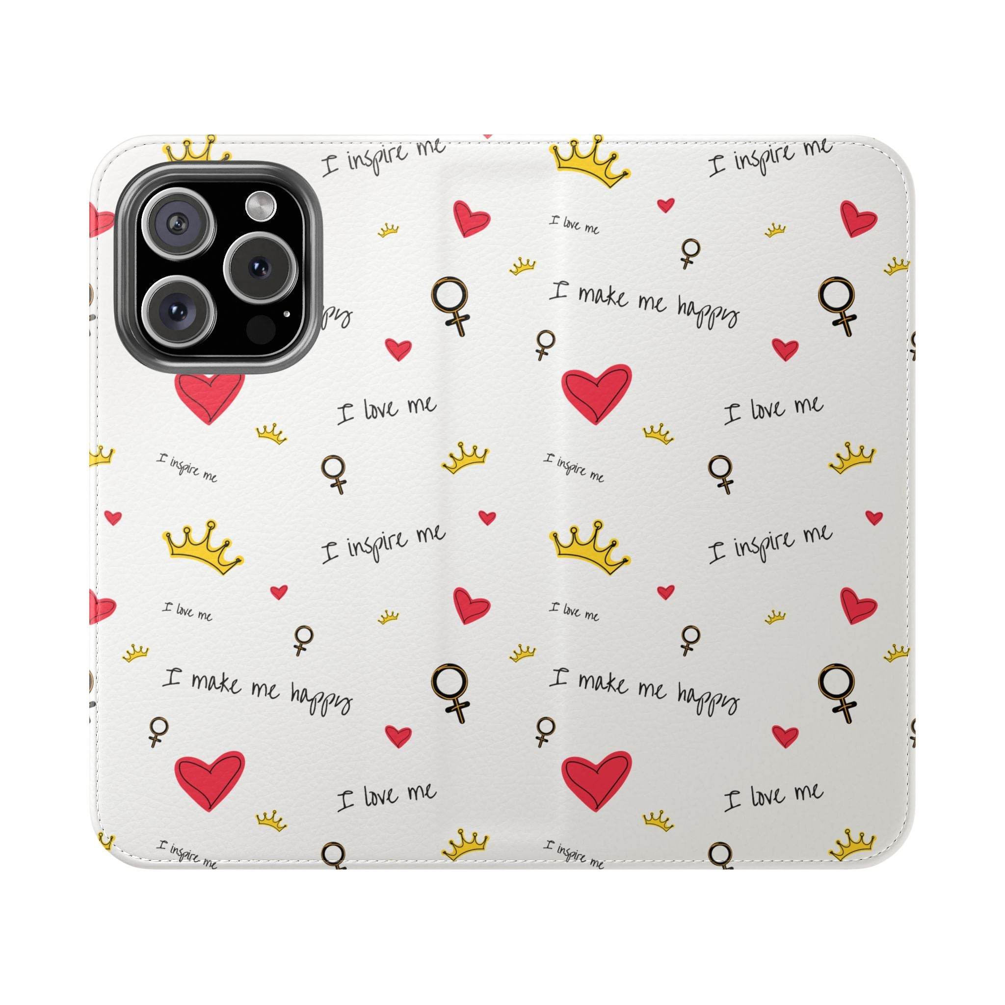 Printify eco-friendly flip phone cases with white background and red hearts motivational text and crowns