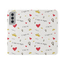 Printify eco-friendly flip phone cases with heart, crown, and inspirational text pattern on white background