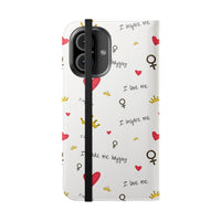 Printify eco-friendly flip phone cases with positive messages and heart and crown designs on white background