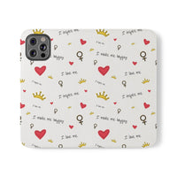Printify eco-friendly flip phone cases with red hearts, gold crowns, and positive messages pattern