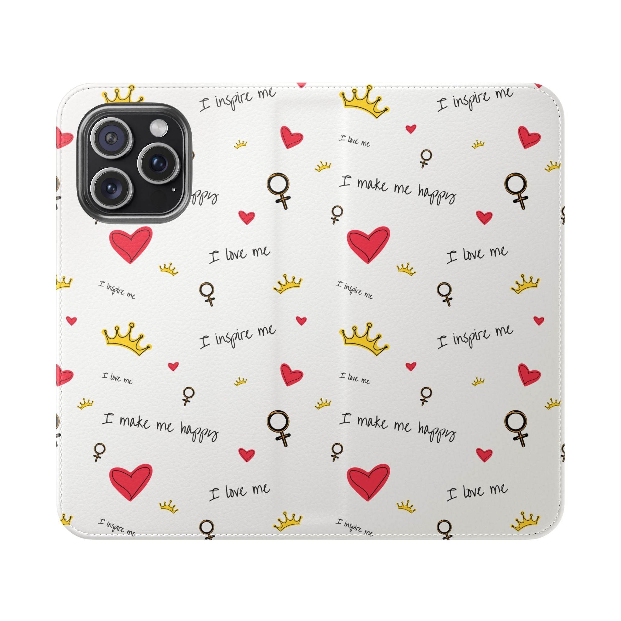 Printify eco-friendly flip phone cases with inspirational heart crown and female symbol pattern