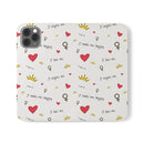 Printify eco-friendly flip phone case with inspirational text hearts and crown pattern on white