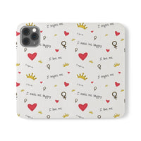 Printify eco-friendly flip phone case with inspirational text hearts and crown pattern on white
