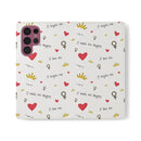 Printify eco-friendly flip phone cases with white background and red hearts crown and inspiring text pattern
