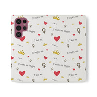 Printify eco-friendly flip phone cases with white background and red hearts crown and inspiring text pattern