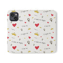 Printify eco-friendly flip phone cases with white background and red hearts gold crowns and positive messages