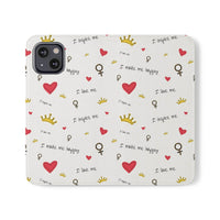 Printify eco-friendly flip phone cases with white background and red hearts gold crowns and positive messages