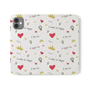 Printify eco-friendly flip phone cases with red hearts, gold crowns, and inspirational phrases design