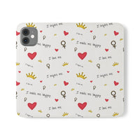 Printify eco-friendly flip phone cases with red hearts, gold crowns, and inspirational phrases design