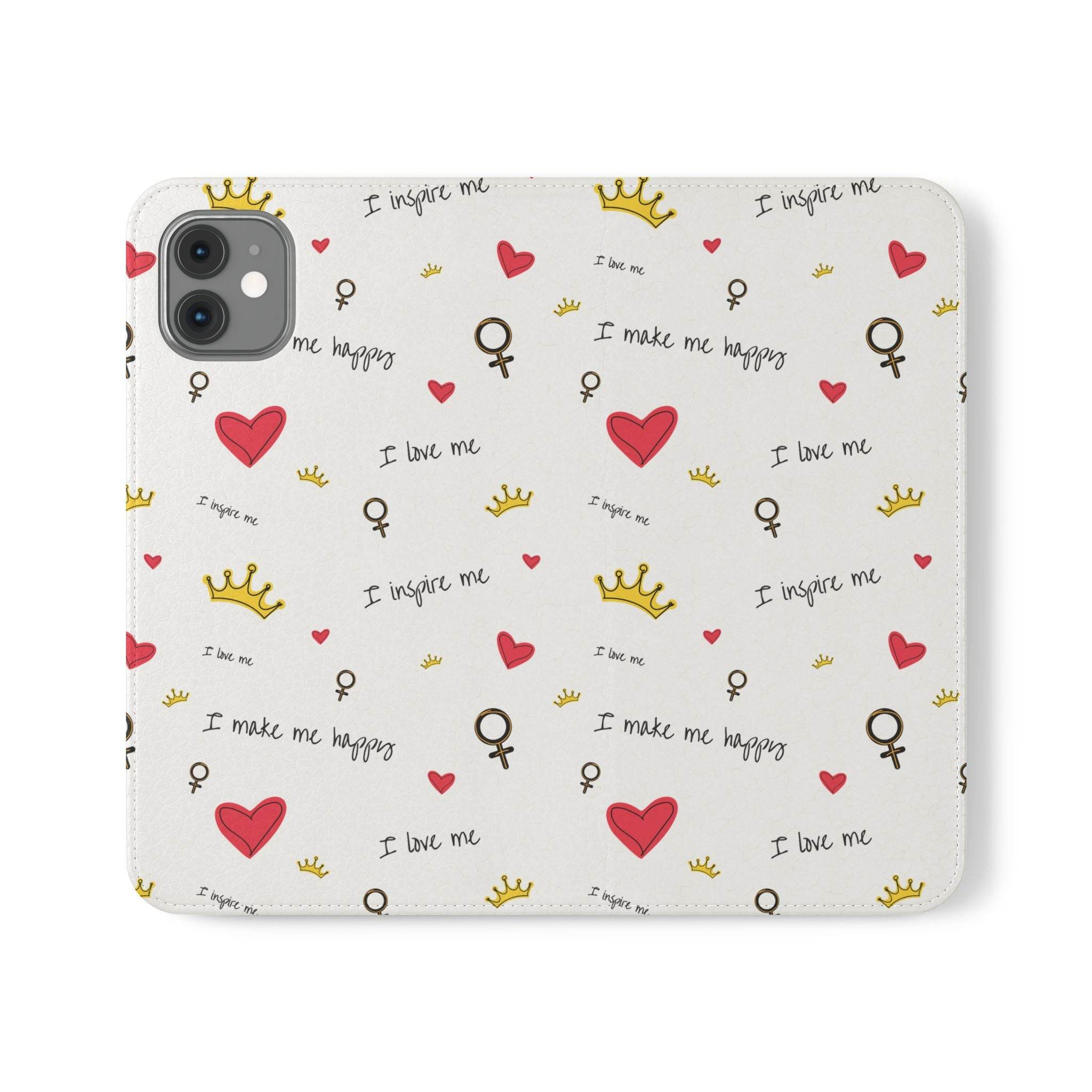Printify eco-friendly flip phone cases with red hearts, gold crowns, and inspirational phrases design