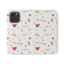 Printify eco-friendly flip phone cases with positive quotes and heart crown symbols on white background