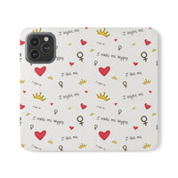 Printify eco-friendly flip phone cases with positive quotes and heart crown symbols on white background
