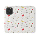 Printify eco-friendly flip phone cases with heart, crown, and positive message pattern on white background