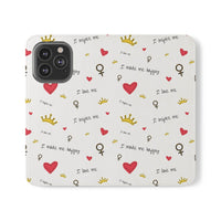 Printify eco-friendly flip phone cases with heart, crown, and positive message pattern on white background