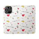 Printify eco-friendly flip phone cases with white background and red hearts, gold crowns, and inspirational text pattern