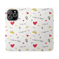 Printify eco-friendly flip phone cases with white background and red hearts, gold crowns, and inspirational text pattern