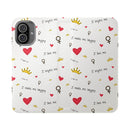 Printify eco-friendly flip phone cases with hearts crowns and positive quote pattern on white background