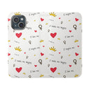Printify eco-friendly flip phone cases with white background and red hearts crown and positive words design