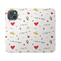 Printify eco-friendly flip phone cases with white background and red hearts crown and positive words design