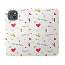 Printify eco-friendly flip phone cases with white background and red hearts, yellow crowns, and motivational text