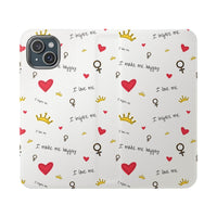 Printify eco-friendly flip phone cases with white background and red hearts, yellow crowns, and motivational text