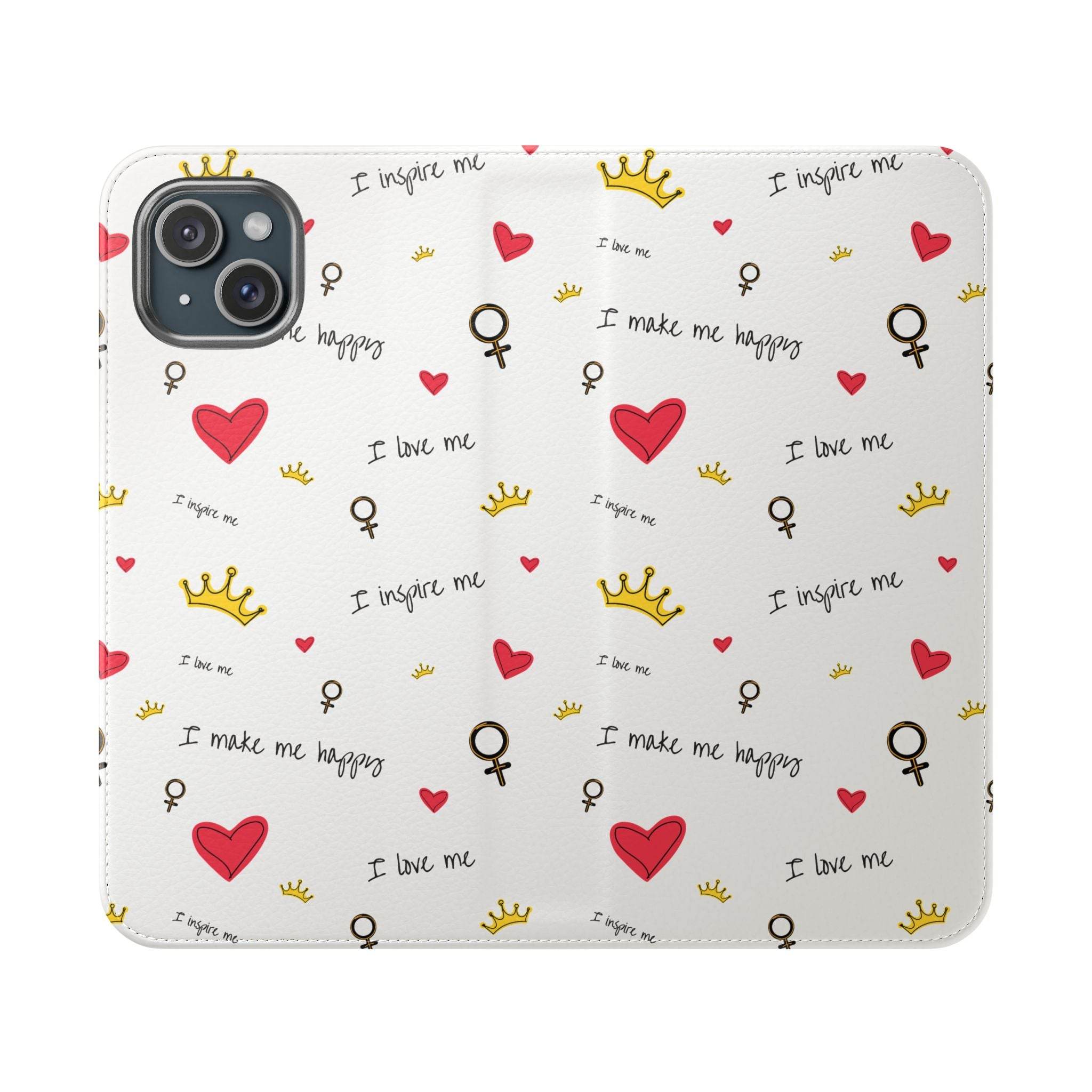 Printify eco-friendly flip phone cases with white background and red hearts, yellow crowns, and motivational text