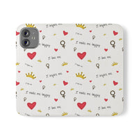Printify eco-friendly flip phone cases with heart, crown, and inspirational text pattern
