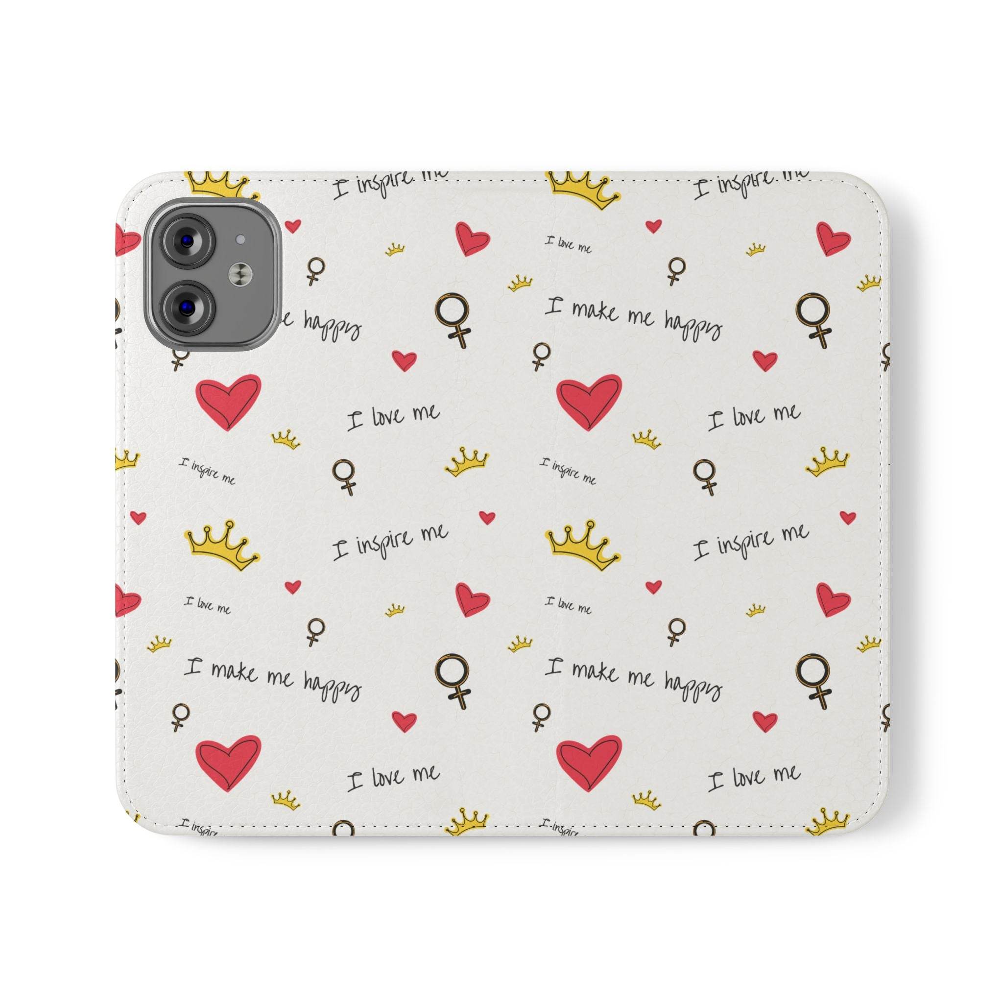 Printify eco-friendly flip phone cases with heart, crown, and inspirational text pattern
