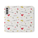 Printify eco-friendly flip phone cases with heart, crown, and inspirational text pattern in white