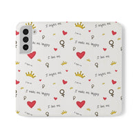 Printify eco-friendly flip phone cases with heart, crown, and inspirational text pattern in white