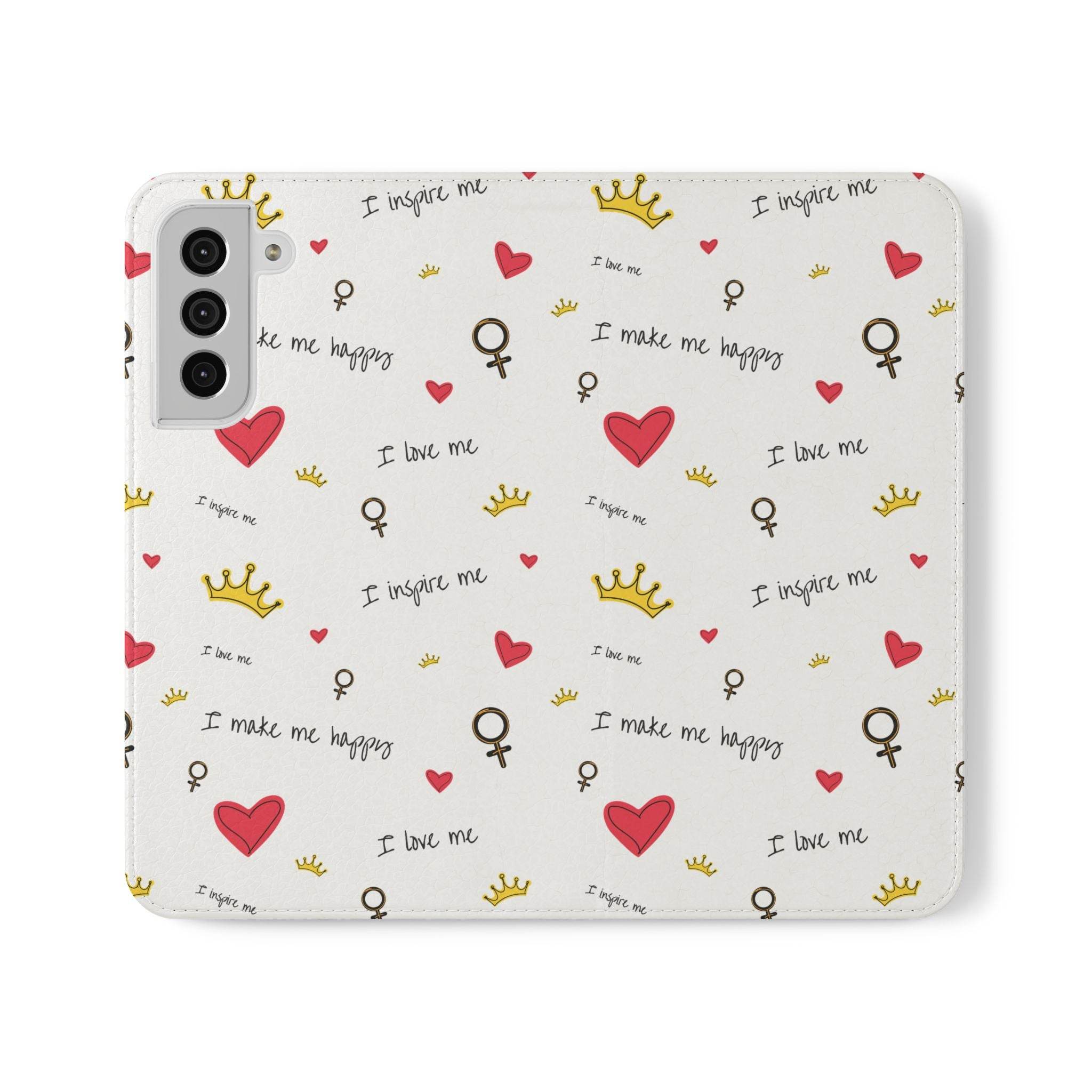Printify eco-friendly flip phone cases with heart, crown, and inspirational text pattern in white