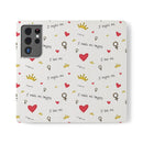 Printify eco-friendly flip phone cases with white background, red hearts, crowns, and inspirational text design