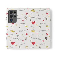 Printify eco-friendly flip phone cases with white background, red hearts, crowns, and inspirational text design