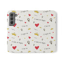 Printify eco-friendly flip phone cases with motivational text, hearts, crowns, and gender symbols pattern