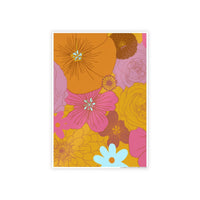 Printify eco-friendly flower posters featuring vibrant orange pink and yellow floral design