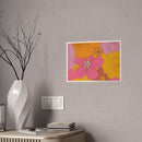 Printed eco-friendly flower posters with colorful floral design on gray wall above wooden dresser